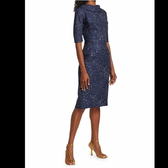 Rickie Freeman for Teri Jon Navy and Gold Midi Dress - Picture 2 of 11